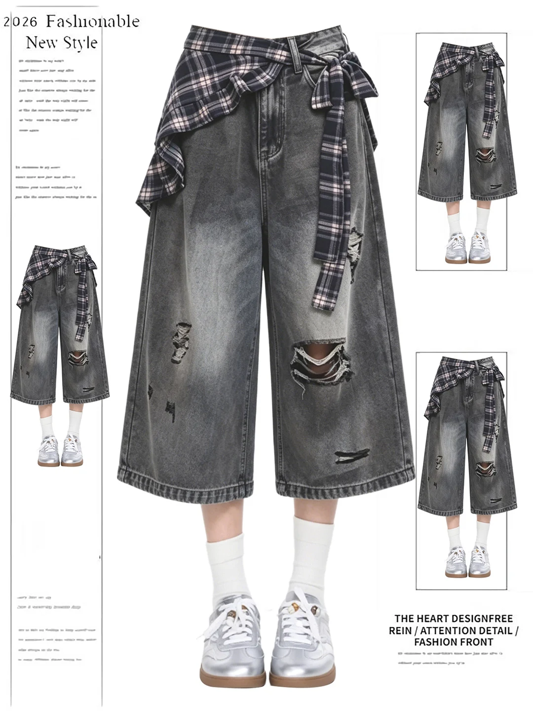 Retro American Style Torn Denim Seven-Foot Pants Plaid Wide Leg Short Trousers High Waist Straight Cut Summer Fashion
Retro American Style Torn Denim Seven-Foot Pants Plaid Wide Leg Short Trousers High Waist Straight Cut Summer Fashion