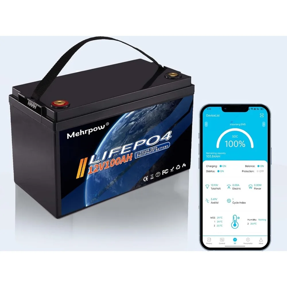 12V 100Ah LiFePO4 Lithium Battery, Bluetooth Lithium Battery,Up to 20000 Cycles, 100A BMS, Max.1280Wh Energy with 10 Years
12V 100Ah LiFePO4 Lithium Battery, Bluetooth Lithium Battery,Up to 20000 Cycles, 100A BMS, Max.1280Wh Energy with 10 Years
