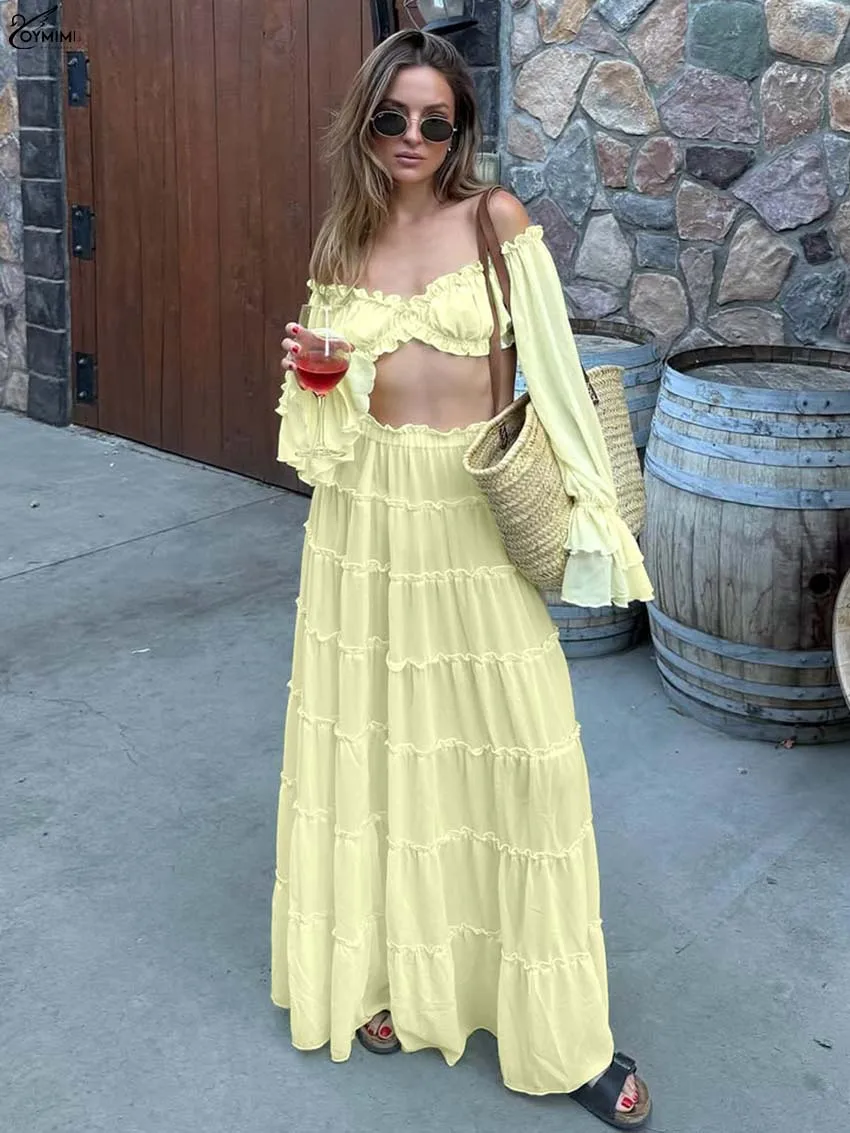 Oymimi Fashion Yellow Ruffled Two Piece Outfits Woman Summer Strapless Long Sleeve Crop Tops And High Waist Pleated Skirts Sets
Oymimi Fashion Yellow Ruffled Two Piece Outfits Woman Summer Strapless Long Sleeve Crop Tops And High Waist Pleated Skirts Sets