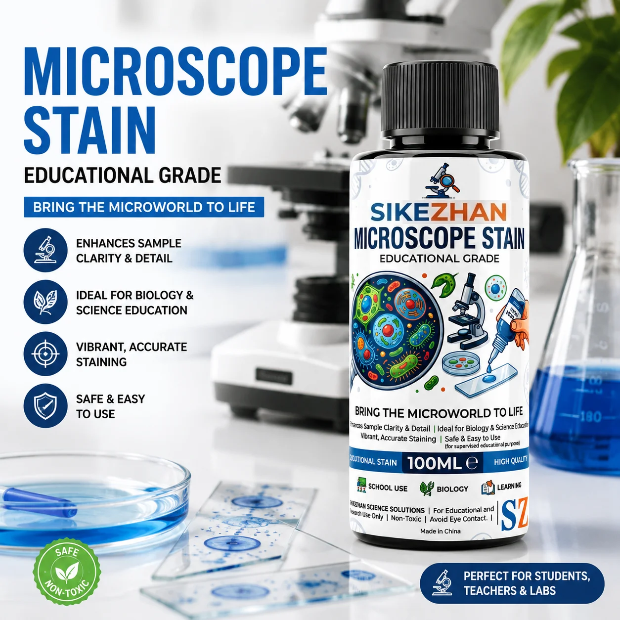 100ml Microscope Stain Educational Grade Biological Specimen Staining Dye Solution for School Lab Biology Teaching Science Study
100ml Microscope Stain Educational Grade Biological Specimen Staining Dye Solution for School Lab Biology Teaching Science Study