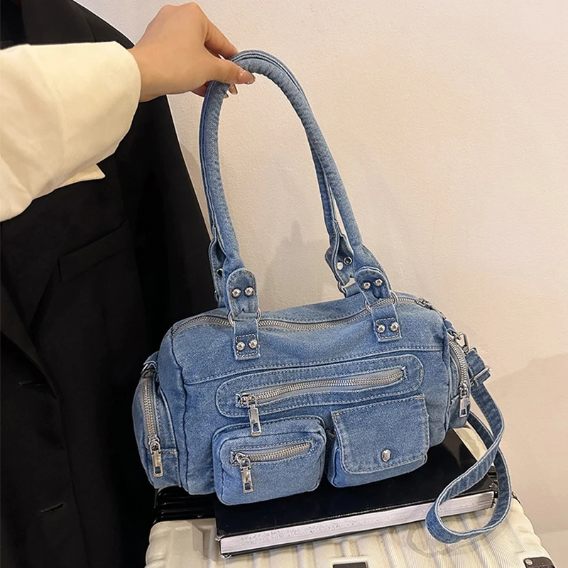 Vintage Washed Denim Bag Designer Handbag Multi pocket Jean motorcycle bag Women Casual Large Capacity Travel Messenger Tote Ba
Vintage Washed Denim Bag Designer Handbag Multi pocket Jean motorcycle bag Women Casual Large Capacity Travel Messenger Tote Ba