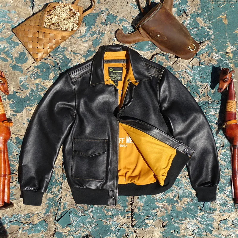 Men Lapel Slim Fit Imported Calfskin Leather Jacket, Genuine Top Grain Cowhide Flight Pilot Coat Casual Outerwear
Men Lapel Slim Fit Imported Calfskin Leather Jacket, Genuine Top Grain Cowhide Flight Pilot Coat Casual Outerwear
