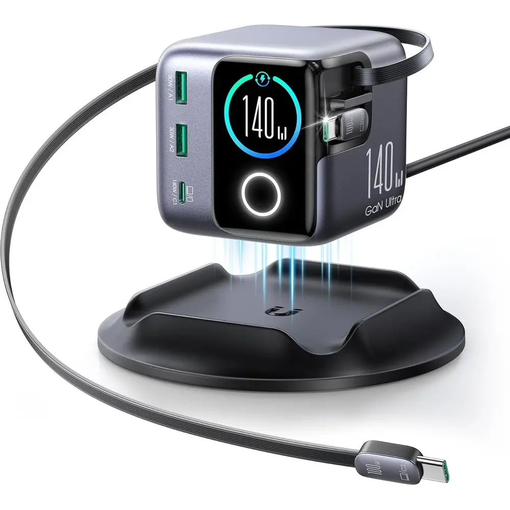 Многофункциональная зарядная станция USB-C 5-в-1 мощностью 140 Вт с 5-портовым настольным хабом и двумя выдвижными кабелями по 100 Вт, умный ЖК-дисплей
Многофункциональная зарядная станция USB-C 5-в-1 мощностью 140 Вт с 5-портовым настольным хабом и двумя выдвижными кабелями по 100 Вт, умный ЖК-дисплей