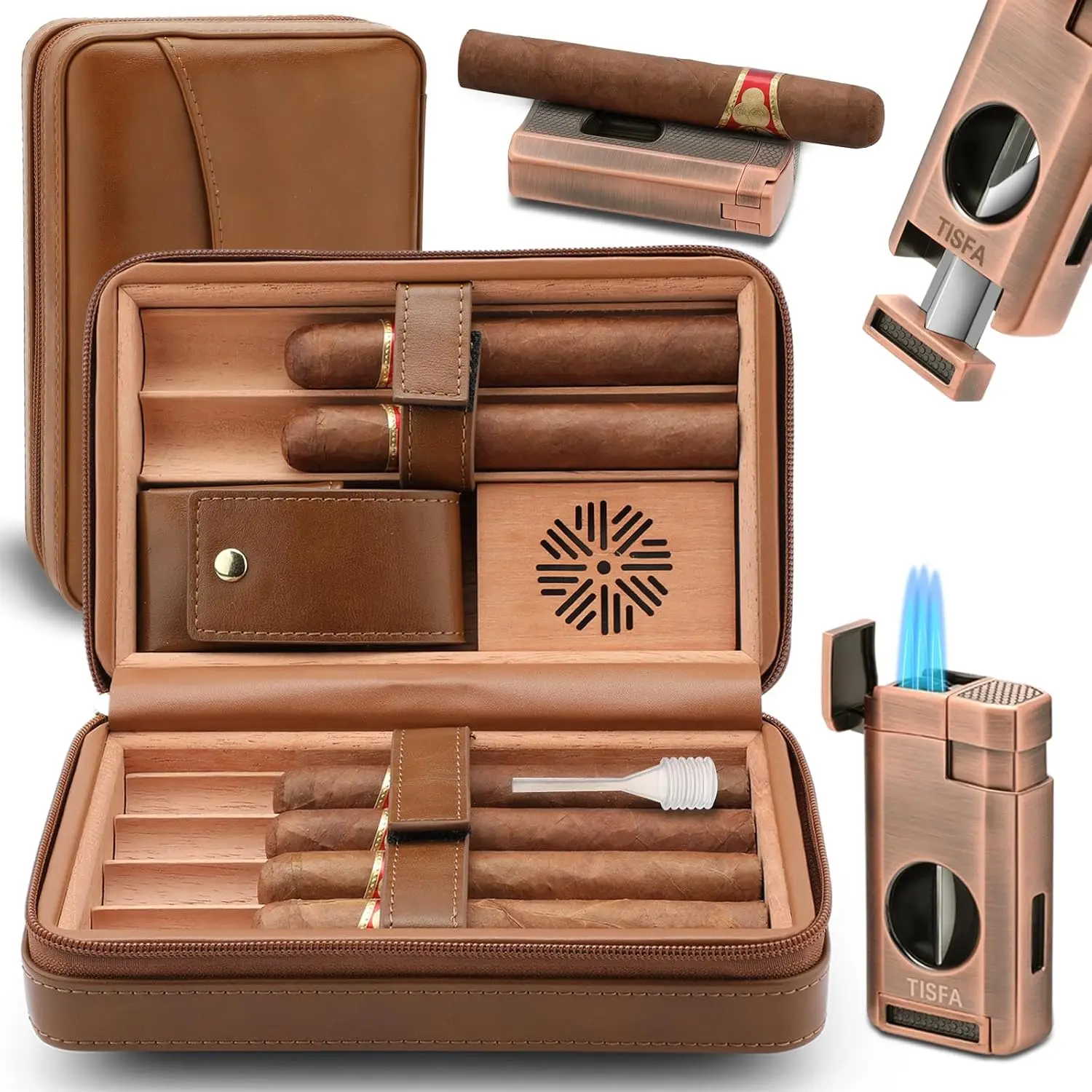Leather Cedar Wood Cigar Case with Lighter, Cutter, Holder 3-in-1 Portable Travel Humidor Box
Leather Cedar Wood Cigar Case with Lighter, Cutter, Holder 3-in-1 Portable Travel Humidor Box