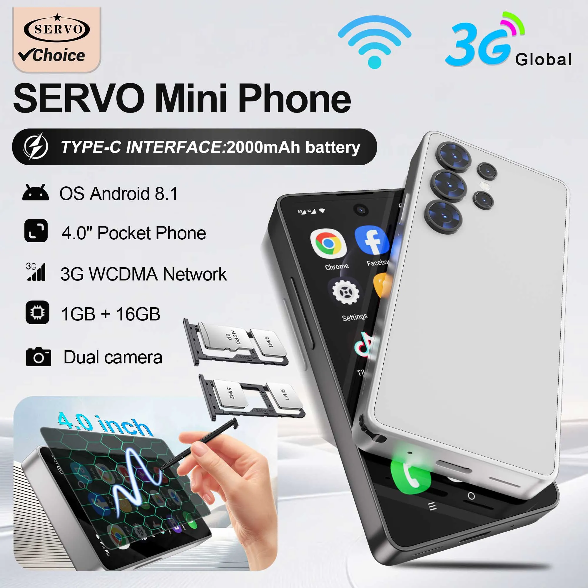 SERVO Mini Smartphone Android 8.1 Built in Stylus 4" Display 16GB ROM Face Unlock GPS WIFI Play Store 3G WCDMA Tiny Mobile Phone
SERVO Mini Smartphone Android 8.1 Built in Stylus 4" Display 16GB ROM Face Unlock GPS WIFI Play Store 3G WCDMA Tiny Mobile Phone