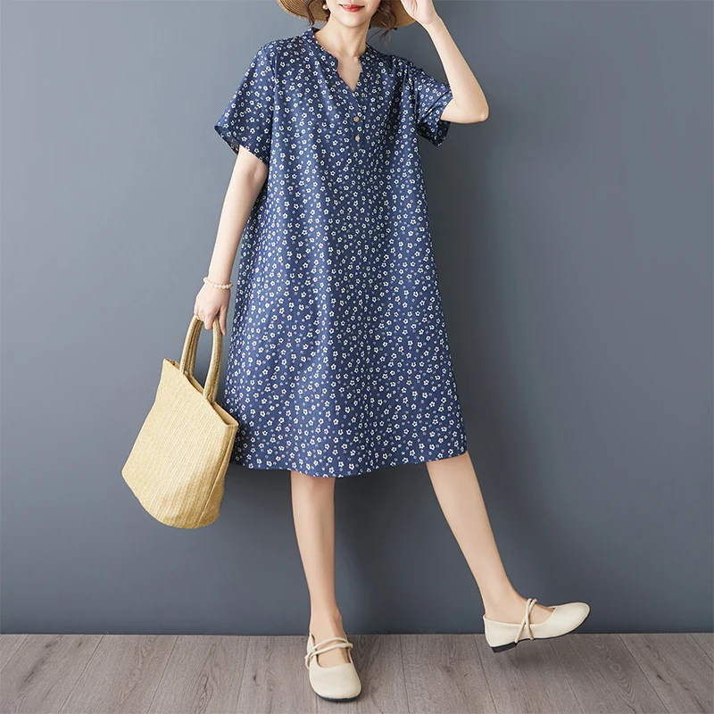 Summer New V-Neck Silk Cotton Denim Short Sleeve Dress Thin Pure Cotton Comfortable Midi Skirt Floral Print Casual Style
Summer New V-Neck Silk Cotton Denim Short Sleeve Dress Thin Pure Cotton Comfortable Midi Skirt Floral Print Casual Style