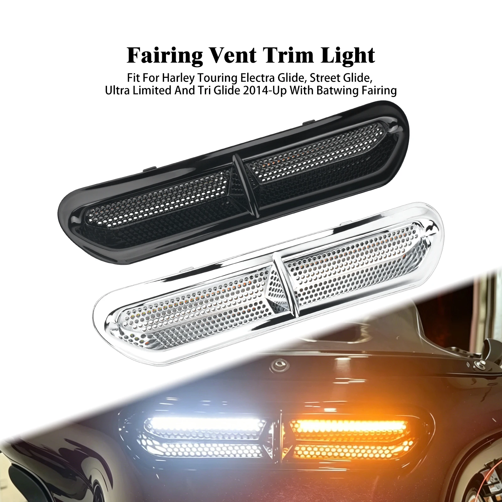 Motorcycle Front Fairing LED Vent Trim Light Turn Signal Running Lamp For Harley Touring Electra Street Tri Glide Limited 14-Up
Motorcycle Front Fairing LED Vent Trim Light Turn Signal Running Lamp For Harley Touring Electra Street Tri Glide Limited 14-Up