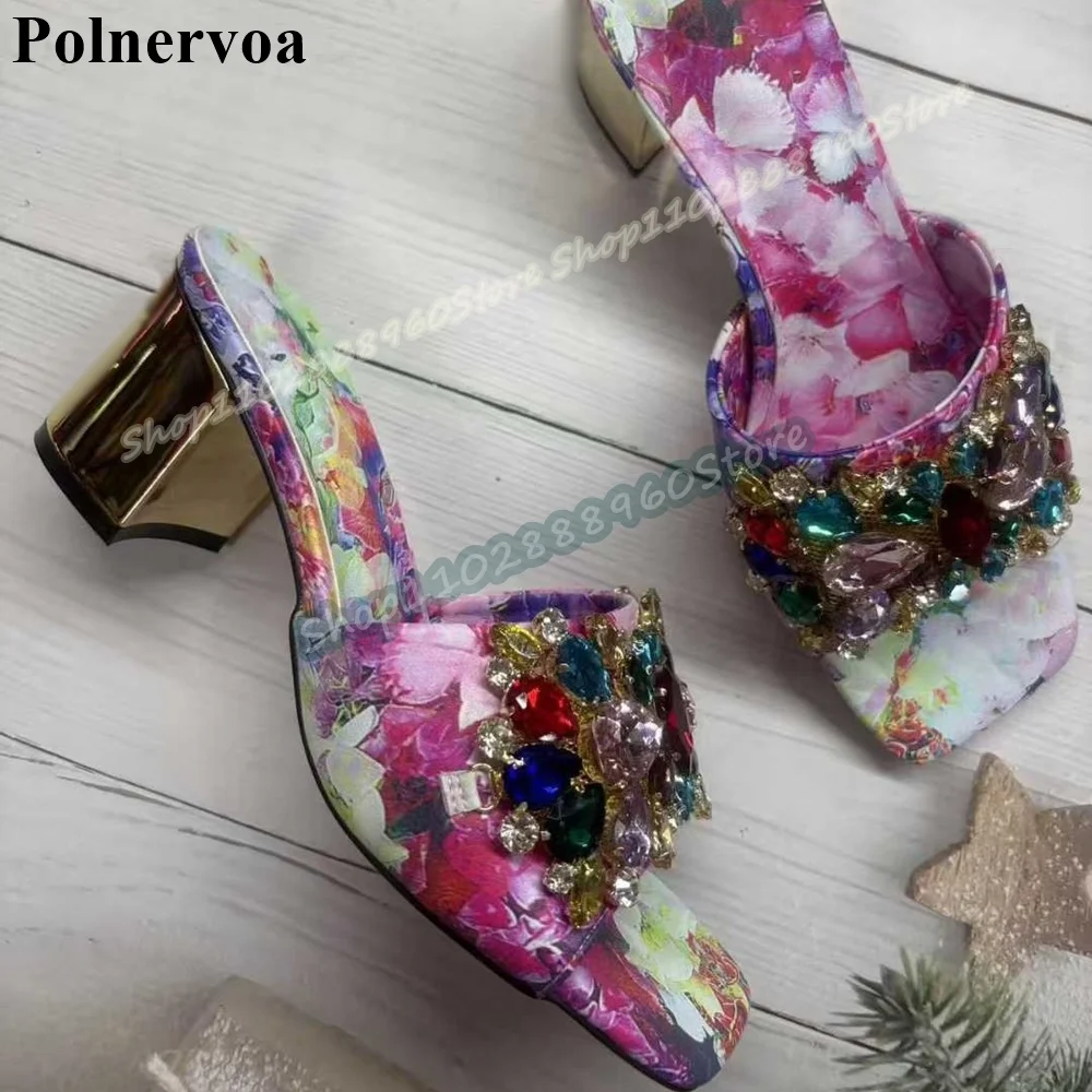 Mixed Flower Print Crystals Bling Slippers Block Heel Shoes For Women Slip On Open Toe Luxury Occidental Style Women Slippers
Mixed Flower Print Crystals Bling Slippers Block Heel Shoes For Women Slip On Open Toe Luxury Occidental Style Women Slippers