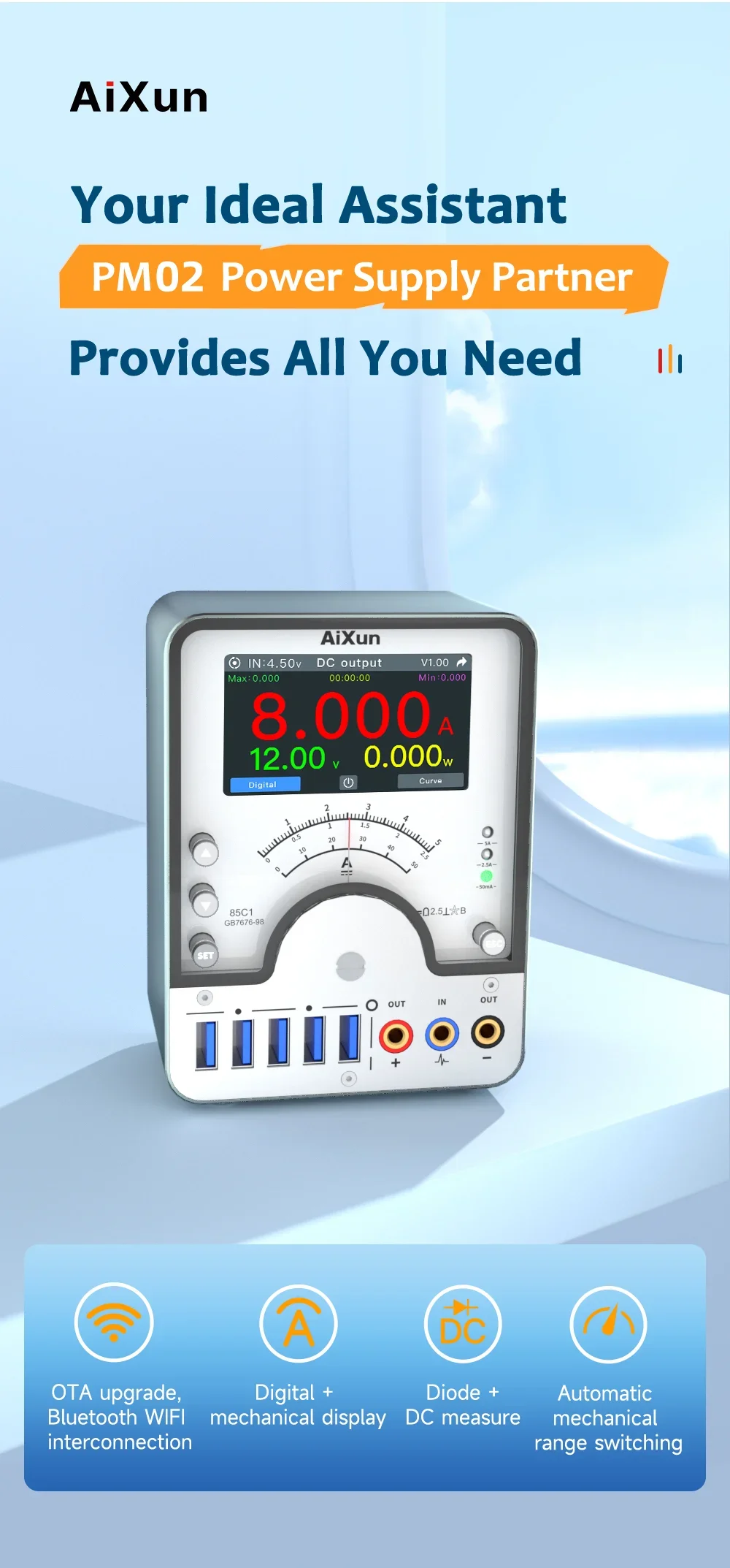 AIXUN PM02 Ammeter Regulated Convenient Power Test Tools One Button Booting Digital Mechanical Display Current Test Repair
AIXUN PM02 Ammeter Regulated Convenient Power Test Tools One Button Booting Digital Mechanical Display Current Test Repair