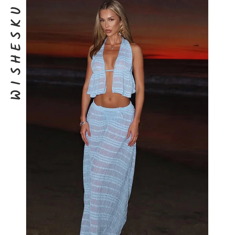 Light Blue Sexy Skirt 2 Two Piece Set Women Elegant Fashion Halter Crop Top And Maxi Skirt Female Beach Party Outfit 2025 Summer
Light Blue Sexy Skirt 2 Two Piece Set Women Elegant Fashion Halter Crop Top And Maxi Skirt Female Beach Party Outfit 2025 Summer