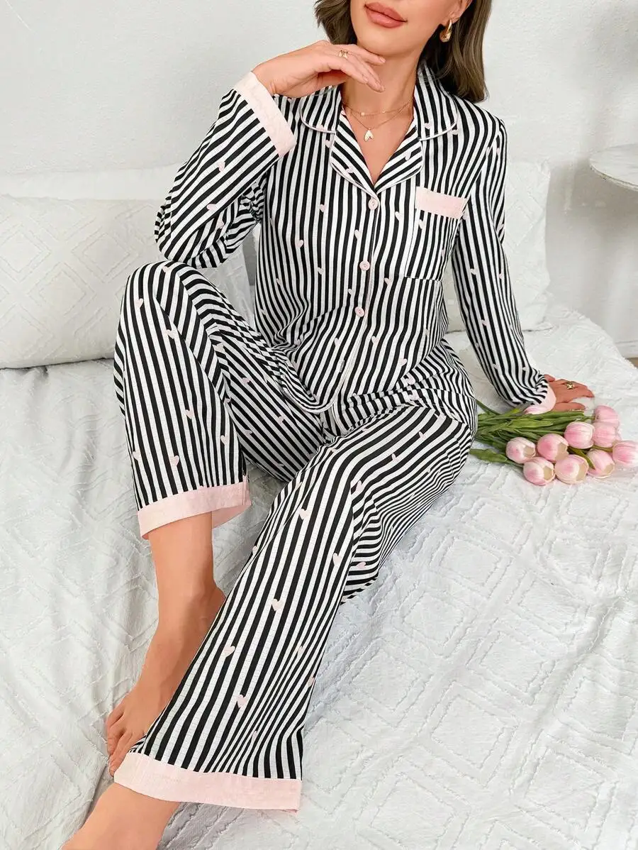 Striped Heart Print Pajama Set Women Long Sleeve Sleepwear Cozy Elegant
Striped Heart Print Pajama Set Women Long Sleeve Sleepwear Cozy Elegant
