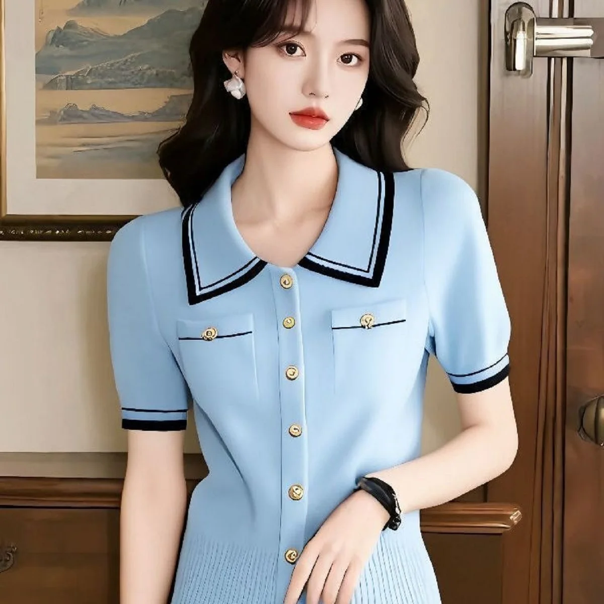 Women Summer Sweater Ice Silk Polo Neck Thin Chic Short Sleeve Tee Elegant Korean Fashion Female Vintage Knit Cardigan Clothing
Women Summer Sweater Ice Silk Polo Neck Thin Chic Short Sleeve Tee Elegant Korean Fashion Female Vintage Knit Cardigan Clothing