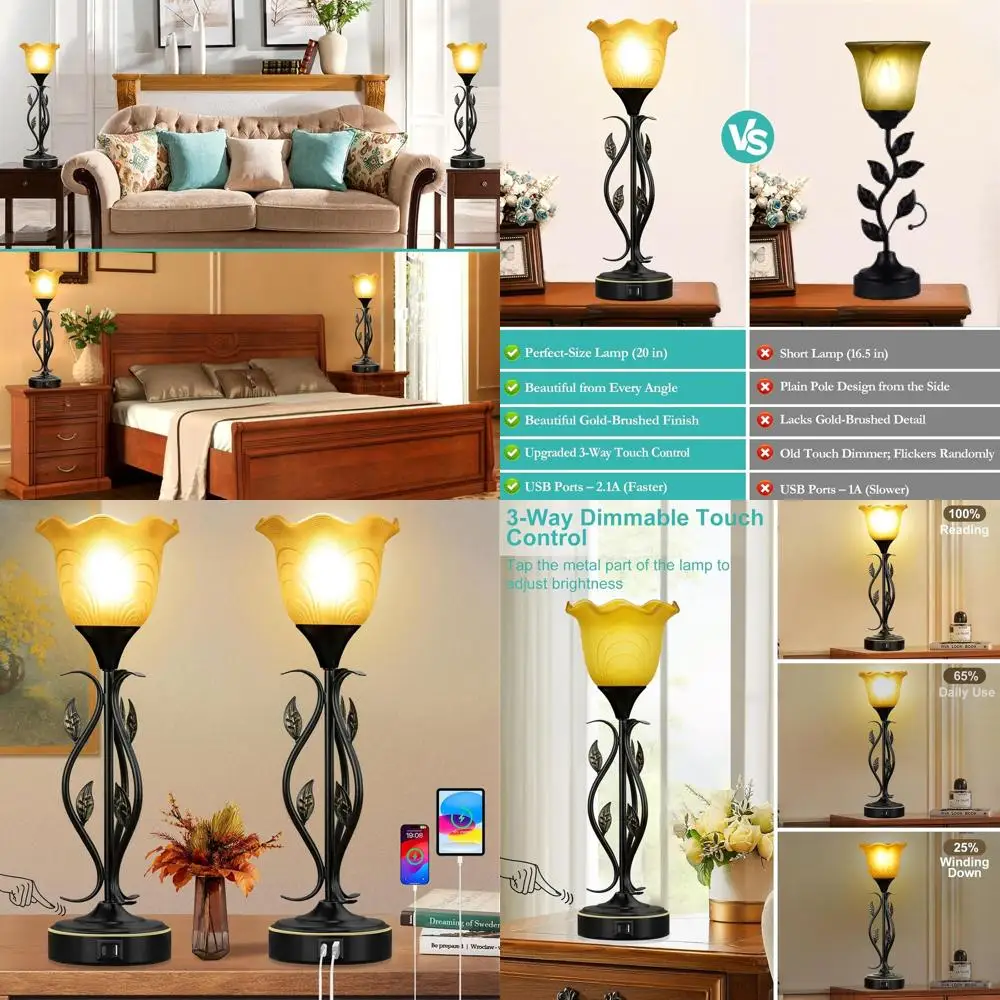 Set of 2 20 Touch Control Table Lamps with USB Ports, Leafy Amber Shade, Torchiere Style for Living Room and Bedroom
Set of 2 20 Touch Control Table Lamps with USB Ports, Leafy Amber Shade, Torchiere Style for Living Room and Bedroom