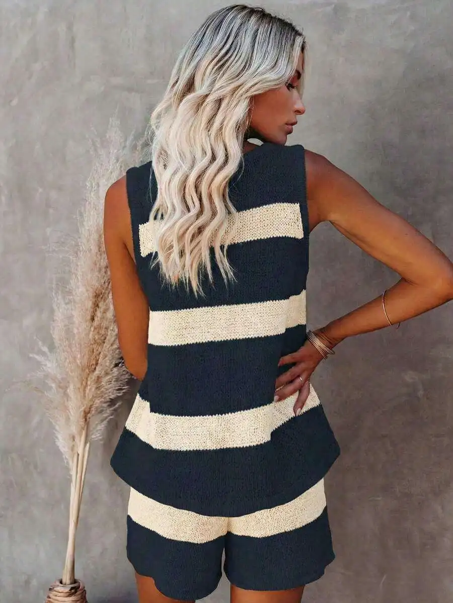 V-Neck Striped Knitted Vest And Shorts Set Women Casual Summer Outfit
V-Neck Striped Knitted Vest And Shorts Set Women Casual Summer Outfit