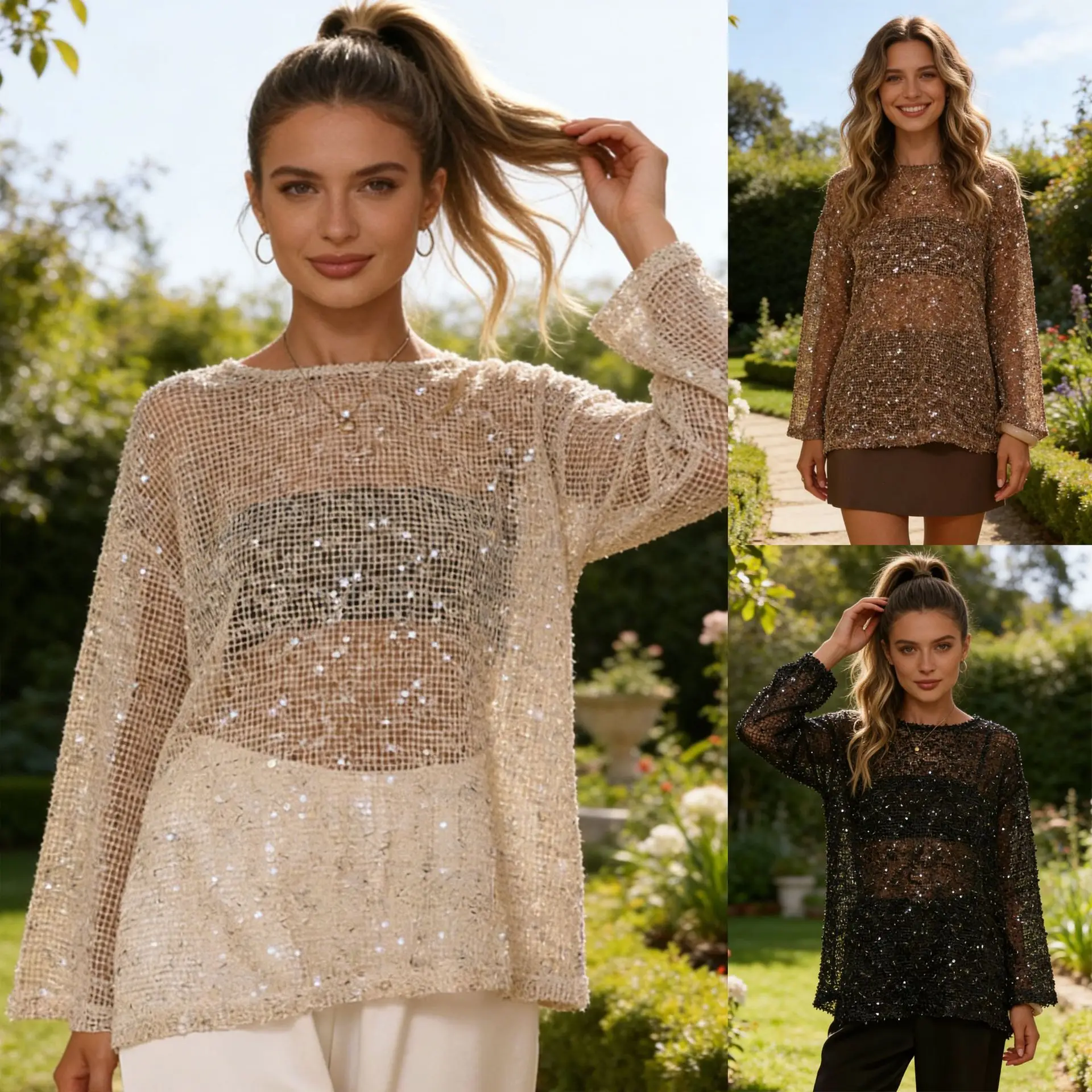 New Sexy Sequined Beads Pure Hollowed-out Pullover Slightly Transparent Shirt Long-sleeved Top
New Sexy Sequined Beads Pure Hollowed-out Pullover Slightly Transparent Shirt Long-sleeved Top