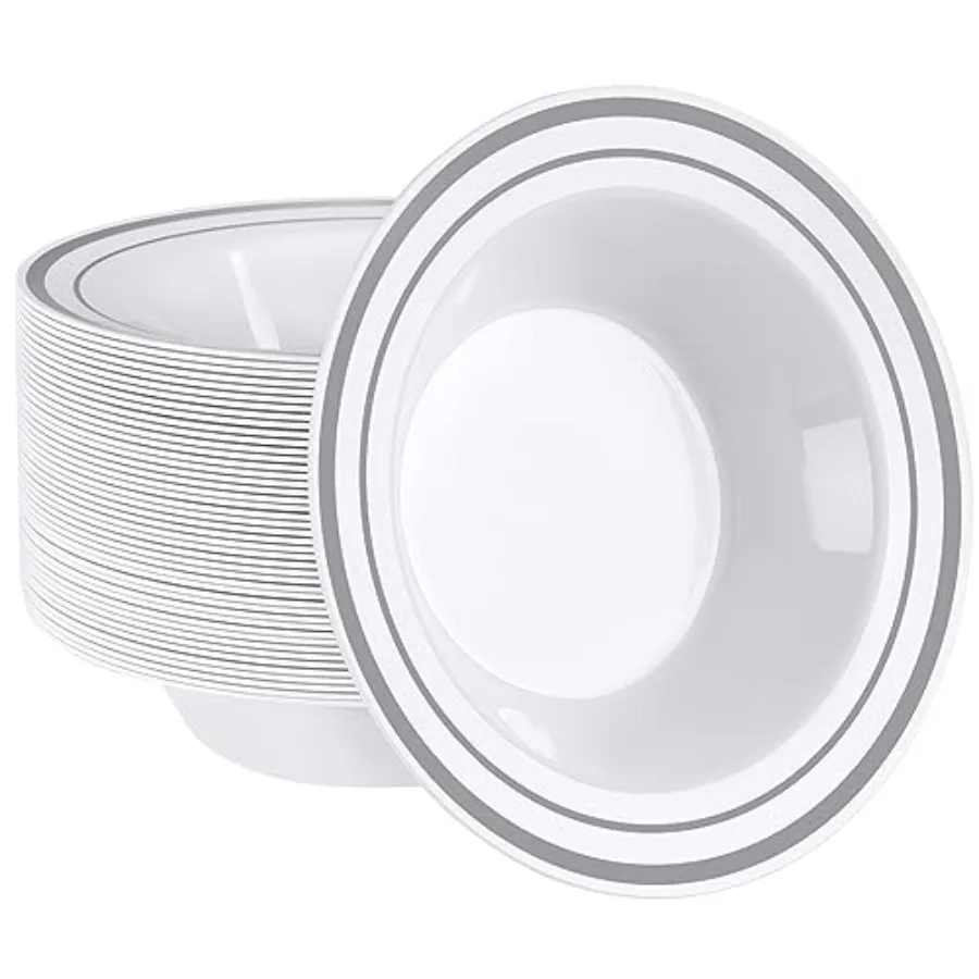 [12 oz. - 50 Piece Dessert Soup Bowls with Silver Rim, Plastic Bowls Disposable - Premium Heavy-Duty Disposable Soup Bowls for
[12 oz. - 50 Piece Dessert Soup Bowls with Silver Rim, Plastic Bowls Disposable - Premium Heavy-Duty Disposable Soup Bowls for