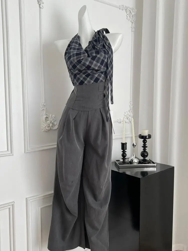Women Summer Grey Patchwork Plaid Elegant Sleeveless Backless Halter Bow Bandage Tops + High Waist Loose Long Pant Two Piece Set
Women Summer Grey Patchwork Plaid Elegant Sleeveless Backless Halter Bow Bandage Tops + High Waist Loose Long Pant Two Piece Set