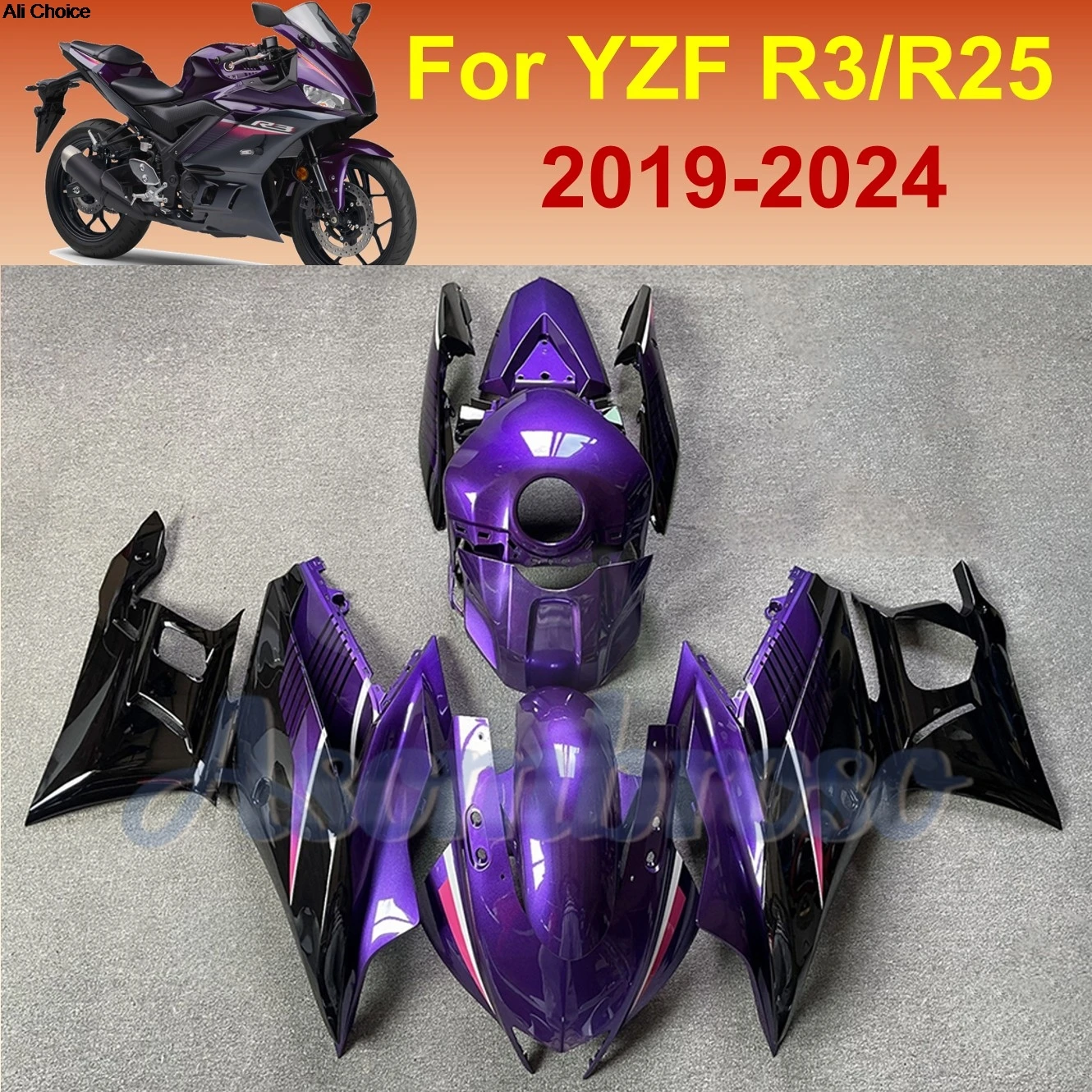 Injection Fairing Kit for Yamaha 2019-2024 YZFR3 YZF-R25 R25/R3 Gloss Purple Black Body Accessories
Injection Fairing Kit for Yamaha 2019-2024 YZFR3 YZF-R25 R25/R3 Gloss Purple Black Body Accessories