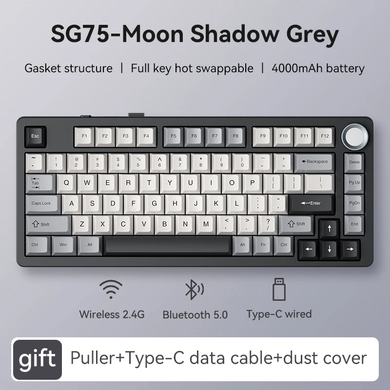 SG75 wireless mechanical keyboard with volume knob, 75% Bluetooth/2.4GHz/wired gaming keyboard, RGB backlight, hot-swappable
SG75 wireless mechanical keyboard with volume knob, 75% Bluetooth/2.4GHz/wired gaming keyboard, RGB backlight, hot-swappable