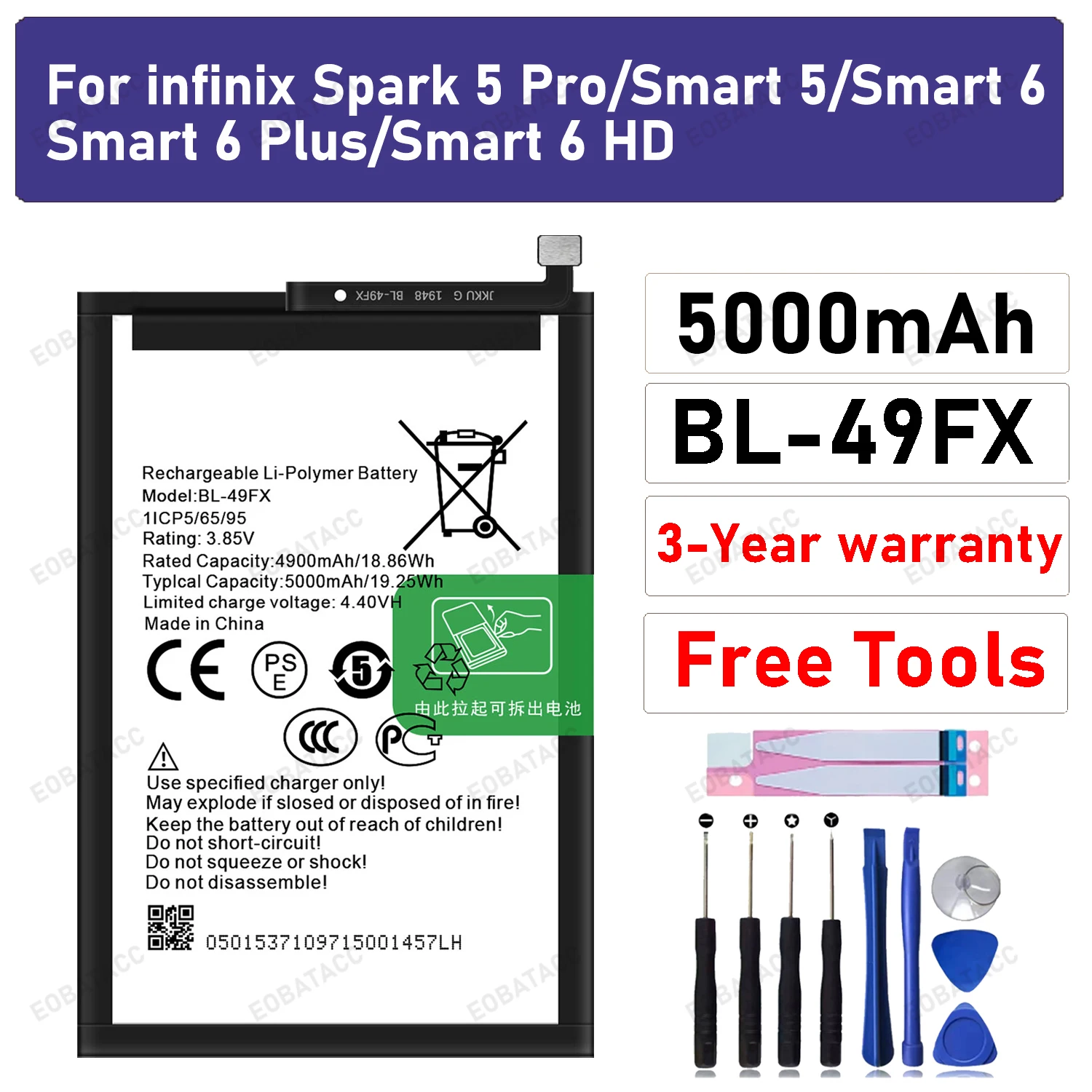 Новый аккумулятор BL-49FX на 2025 года, 5000 мАч для Infinix Spark 5 Pro/Smart 5/Smart 6/Smart 6 Plus/Smart 6 HD + бесплатные инструменты
Новый аккумулятор BL-49FX на 2025 года, 5000 мАч для Infinix Spark 5 Pro/Smart 5/Smart 6/Smart 6 Plus/Smart 6 HD + бесплатные инструменты