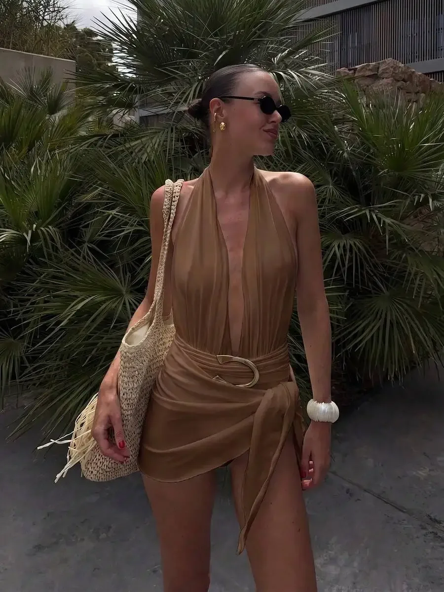 Womens Camel Halter Deep V-Neck Wrap Dress With Metal Buckle Waist, Resort Beach Party Style
Womens Camel Halter Deep V-Neck Wrap Dress With Metal Buckle Waist, Resort Beach Party Style