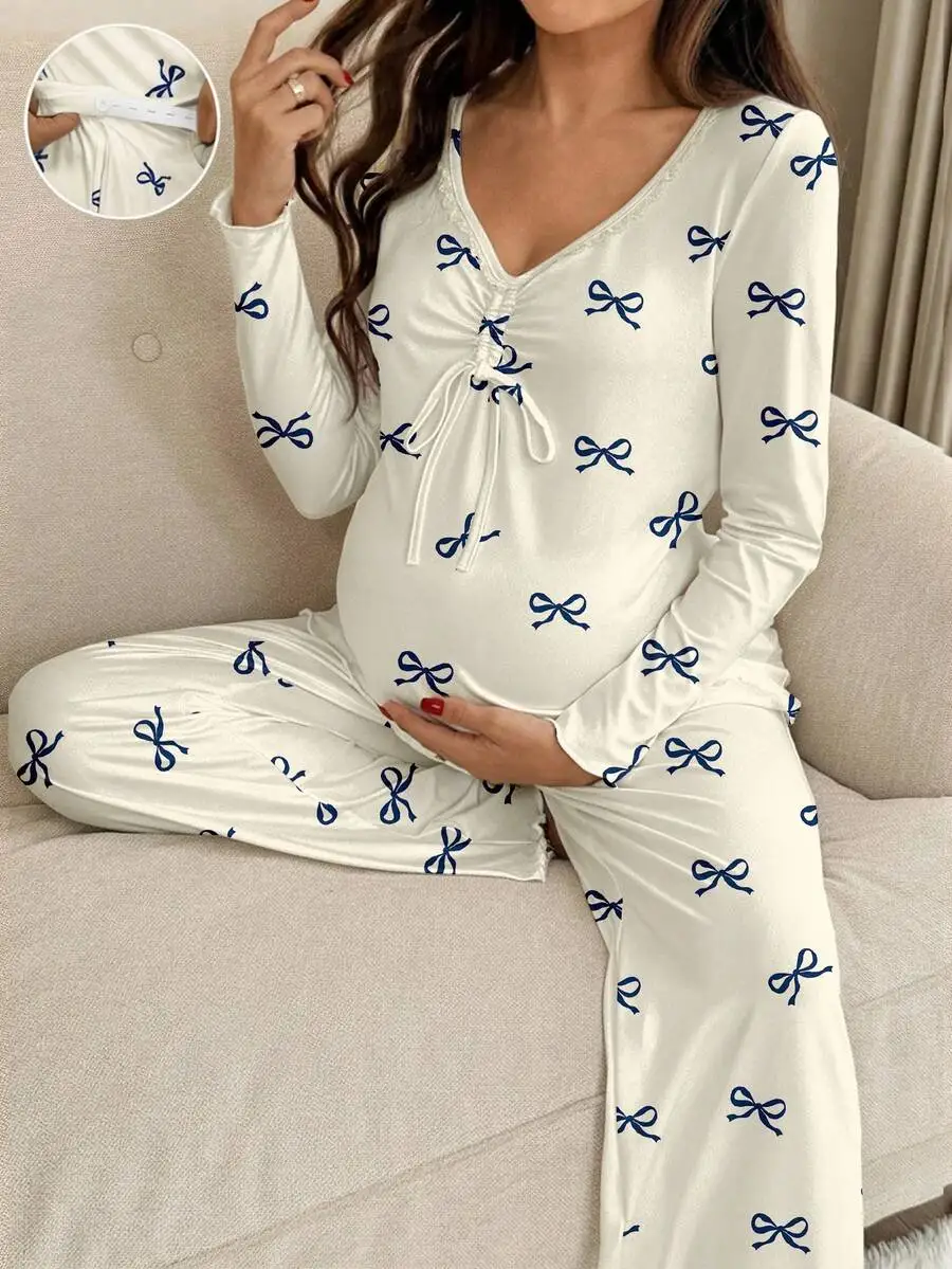 Maternity V-Neck Ruched Bow Print Adjustable Waist Long Sleeve Top And Pants Set
Maternity V-Neck Ruched Bow Print Adjustable Waist Long Sleeve Top And Pants Set