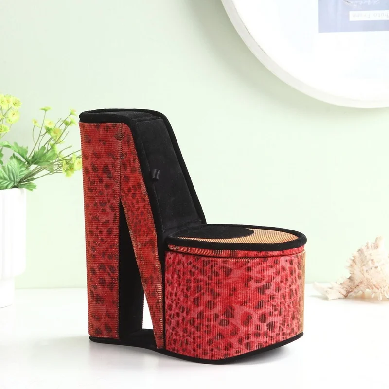 9" Display Jewelry Box with Hidden Storage, Leopard Print Heel-Shaped Design