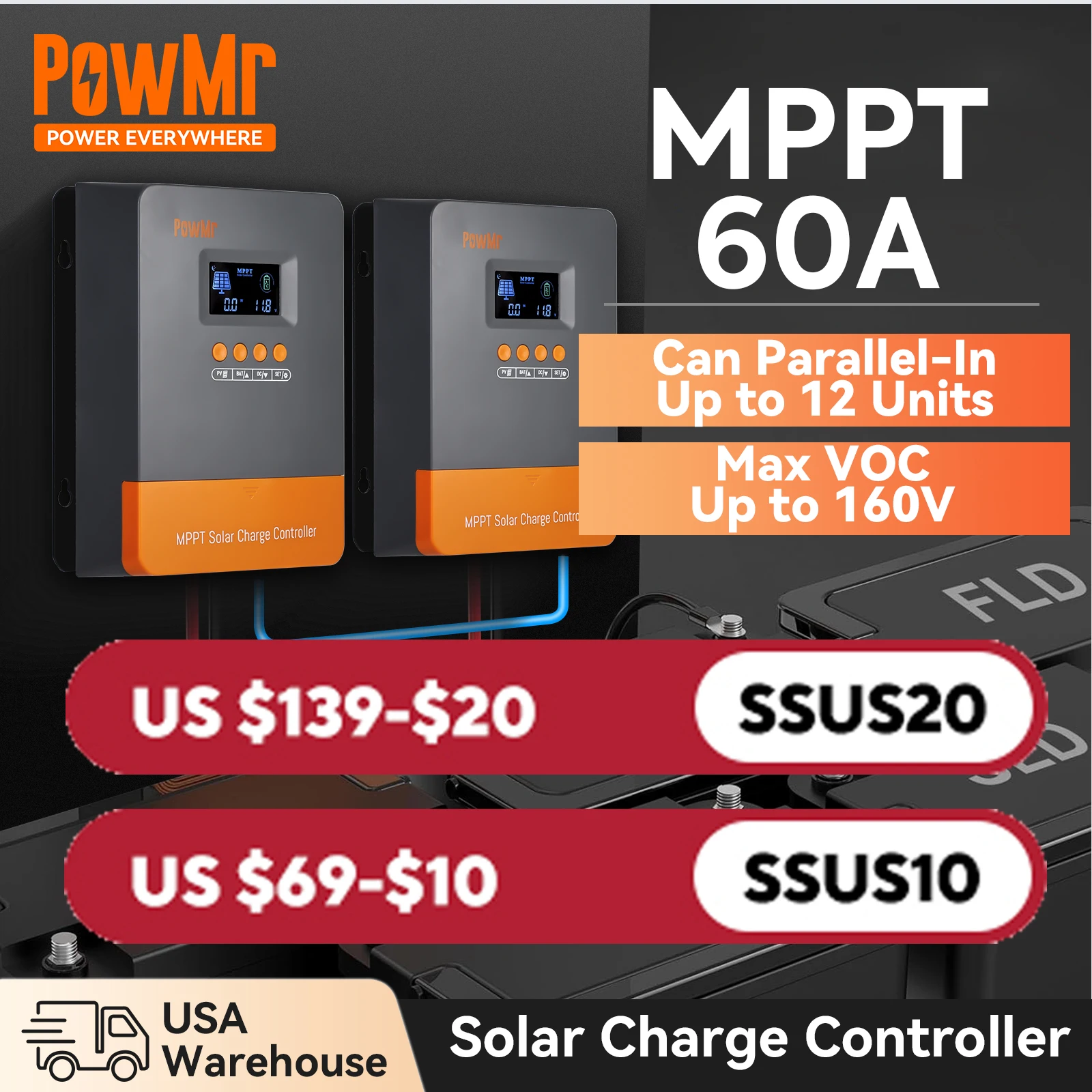 PowMr 60A MPPT Parallel Controller Solar Charge Controller 12V 24V 36V 48V Regulator For Lithium LiFePo4 Lead-Acid, Batteries
PowMr 60A MPPT Parallel Controller Solar Charge Controller 12V 24V 36V 48V Regulator For Lithium LiFePo4 Lead-Acid, Batteries
