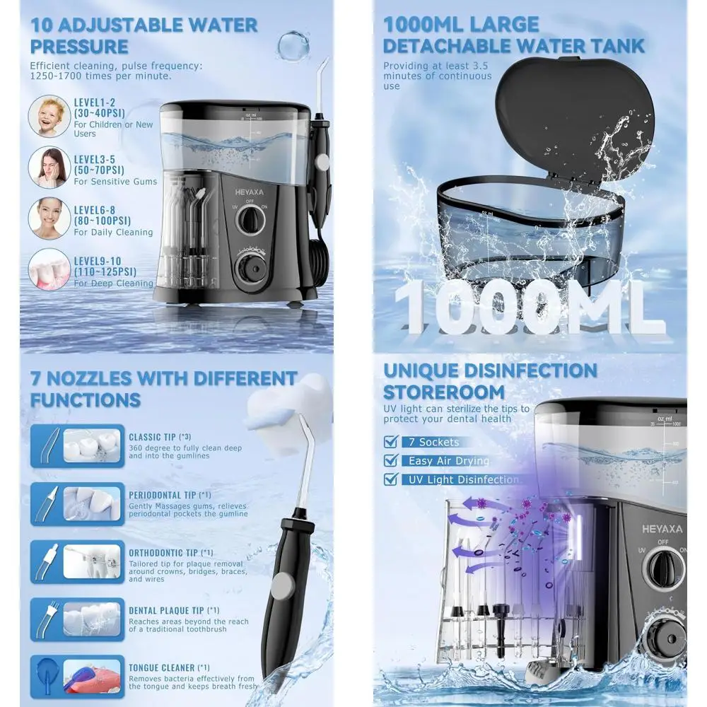 1000ML Large Capacity UV-Sanitizing Water Flosser with 10 Pressure Settings and 7 Tips for Dental Health
1000ML Large Capacity UV-Sanitizing Water Flosser with 10 Pressure Settings and 7 Tips for Dental Health