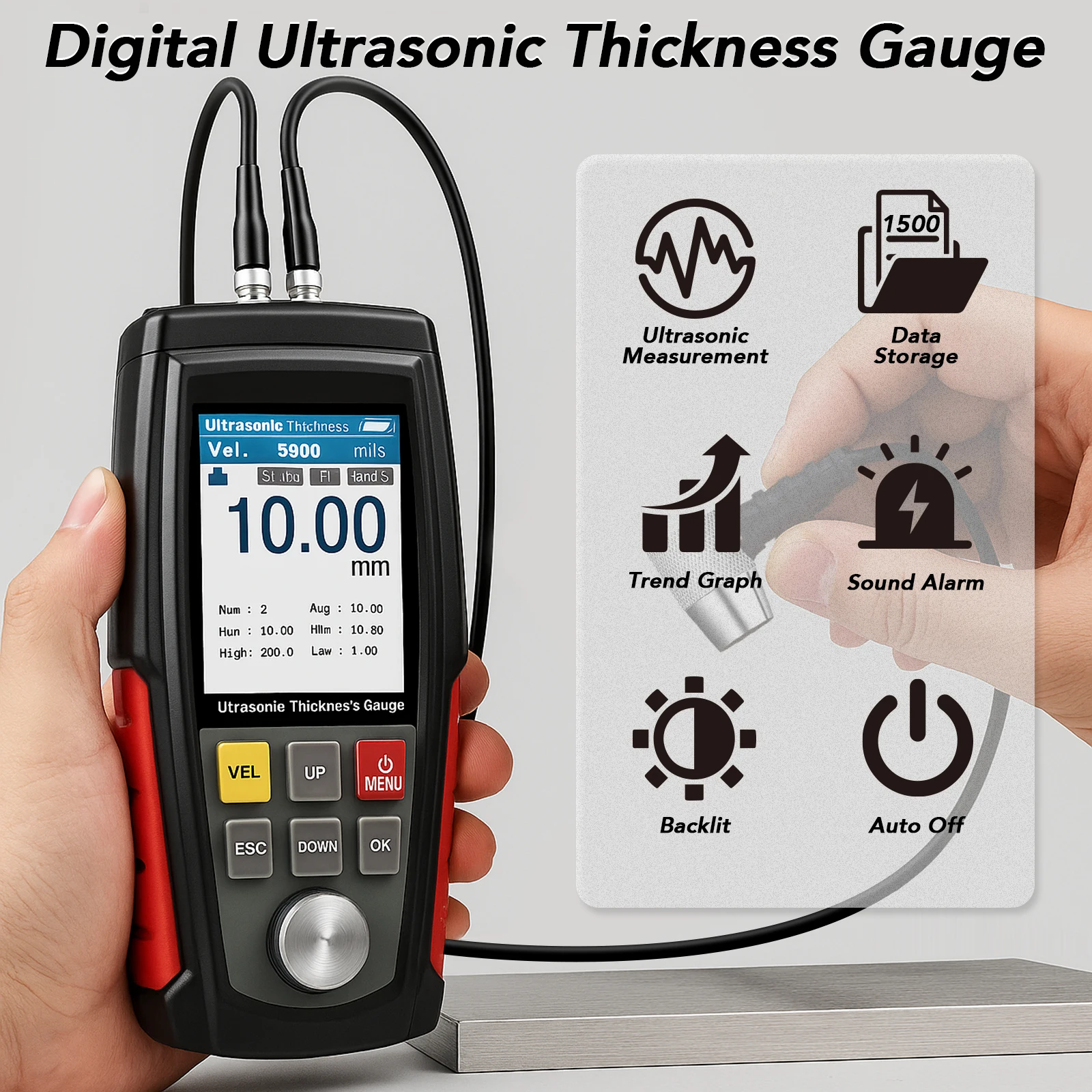 Digital Ultrasonic Thickness Gauge 0.04-12in/1-300mm, 5MHz Probe, 1500 Data Storage, for Metal/Plastic/Pipe/Glass
Digital Ultrasonic Thickness Gauge 0.04-12in/1-300mm, 5MHz Probe, 1500 Data Storage, for Metal/Plastic/Pipe/Glass