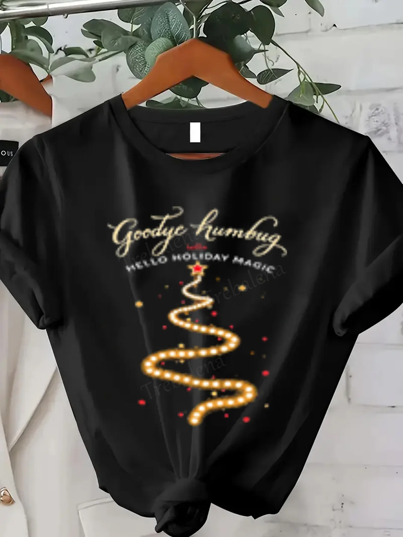 Women T-shirt Festive Black T-Shirt "Goodbye Humbug" Christmas Tree Print
Women T-shirt Festive Black T-Shirt "Goodbye Humbug" Christmas Tree Print