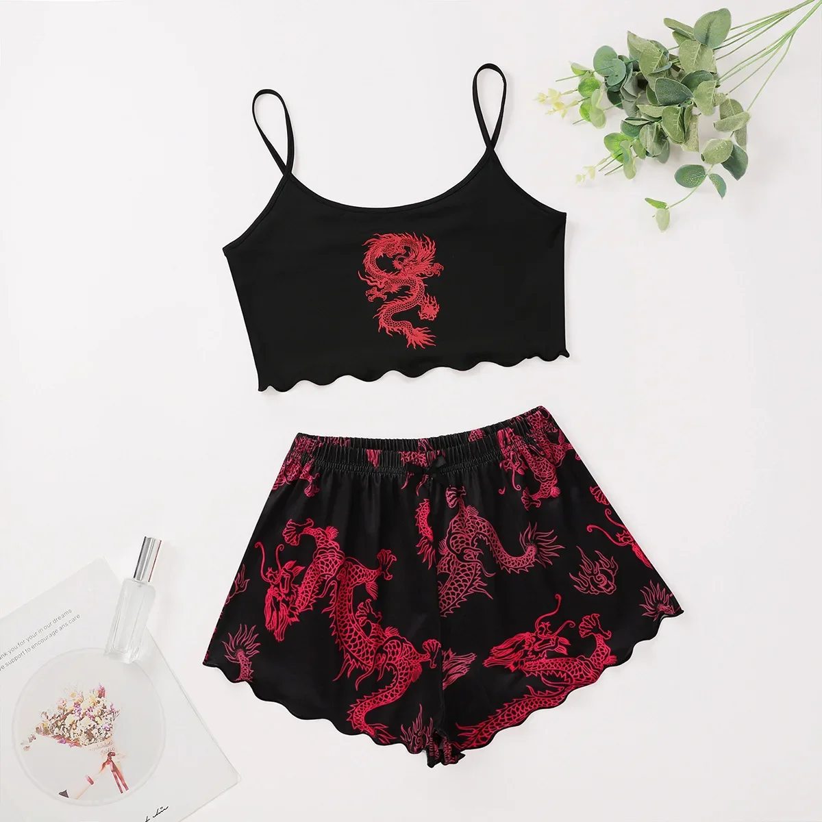Summer Chinese Dragon Element Pajamas Set For Women Silky Satin Spaghetti Strap & Shorts Loose Home Wear Strap Underwear
Summer Chinese Dragon Element Pajamas Set For Women Silky Satin Spaghetti Strap & Shorts Loose Home Wear Strap Underwear