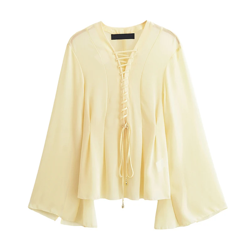 Elegant Lace Up Yellow Women Shirt Flare Sleeve V Neck Casual Fashion Office Shirts Female Spring Summer Chiffon Loose Blouse
Elegant Lace Up Yellow Women Shirt Flare Sleeve V Neck Casual Fashion Office Shirts Female Spring Summer Chiffon Loose Blouse