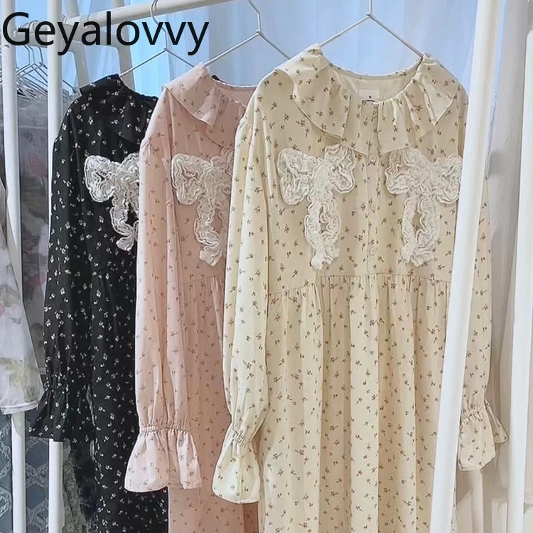 Japanese Style Ruffled Hem Lotus Collar Floral Chest Bowknot Loose Mid-length Dress Sweet Autumn Winter Long-sleeved Dress
Japanese Style Ruffled Hem Lotus Collar Floral Chest Bowknot Loose Mid-length Dress Sweet Autumn Winter Long-sleeved Dress