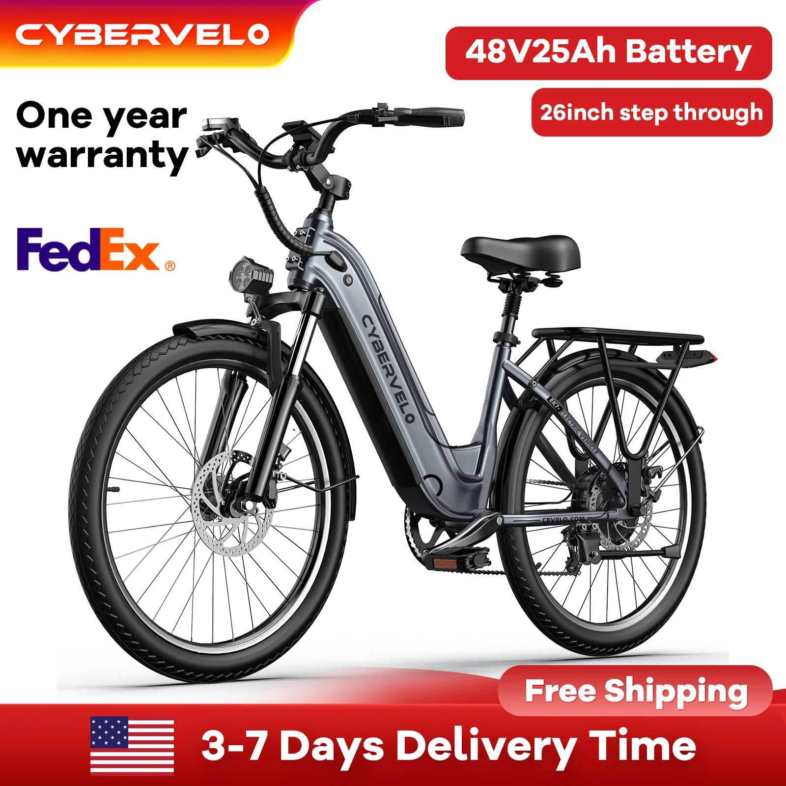 Cybervelo 26" Step Thru E-Bike, 25AH Removable Battery with 7-Speed, Adult Electric Bicycles for Commute n Campagin EK7
Cybervelo 26" Step Thru E-Bike, 25AH Removable Battery with 7-Speed, Adult Electric Bicycles for Commute n Campagin EK7