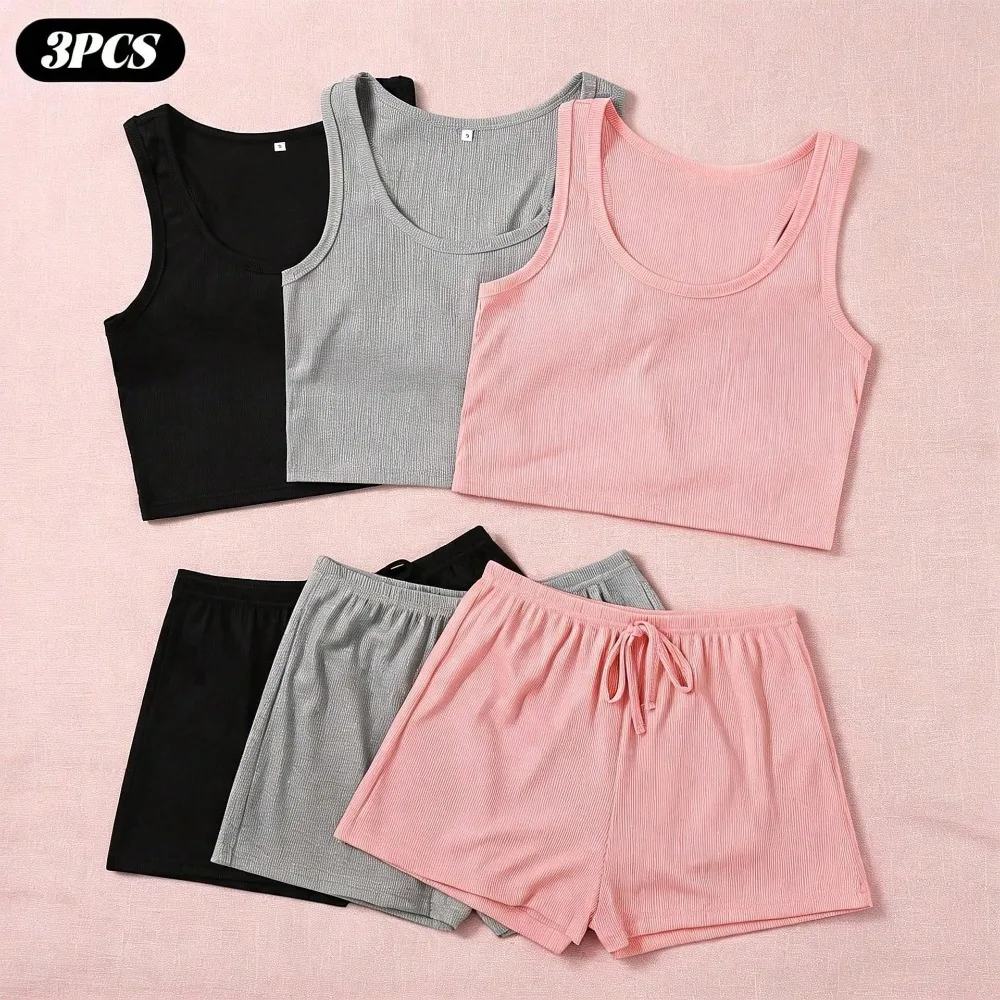 Women's 3-Piece Loungewear Set, Sleeveless Tank Tops With Drawstring Shorts, Soft Casual Pajamas
Women's 3-Piece Loungewear Set, Sleeveless Tank Tops With Drawstring Shorts, Soft Casual Pajamas