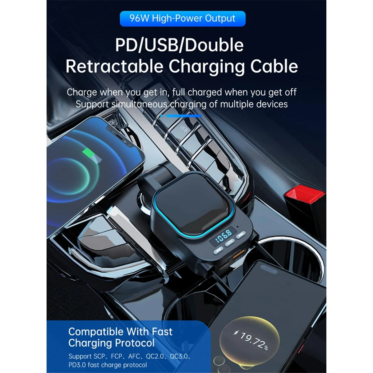 CLCU Retractable Car Charger 96W with Bluetooth Car Adapter, 4 in 1 Fast Charging, Radio Bluetooth 5.3 FM Transmitter for Car
CLCU Retractable Car Charger 96W with Bluetooth Car Adapter, 4 in 1 Fast Charging, Radio Bluetooth 5.3 FM Transmitter for Car