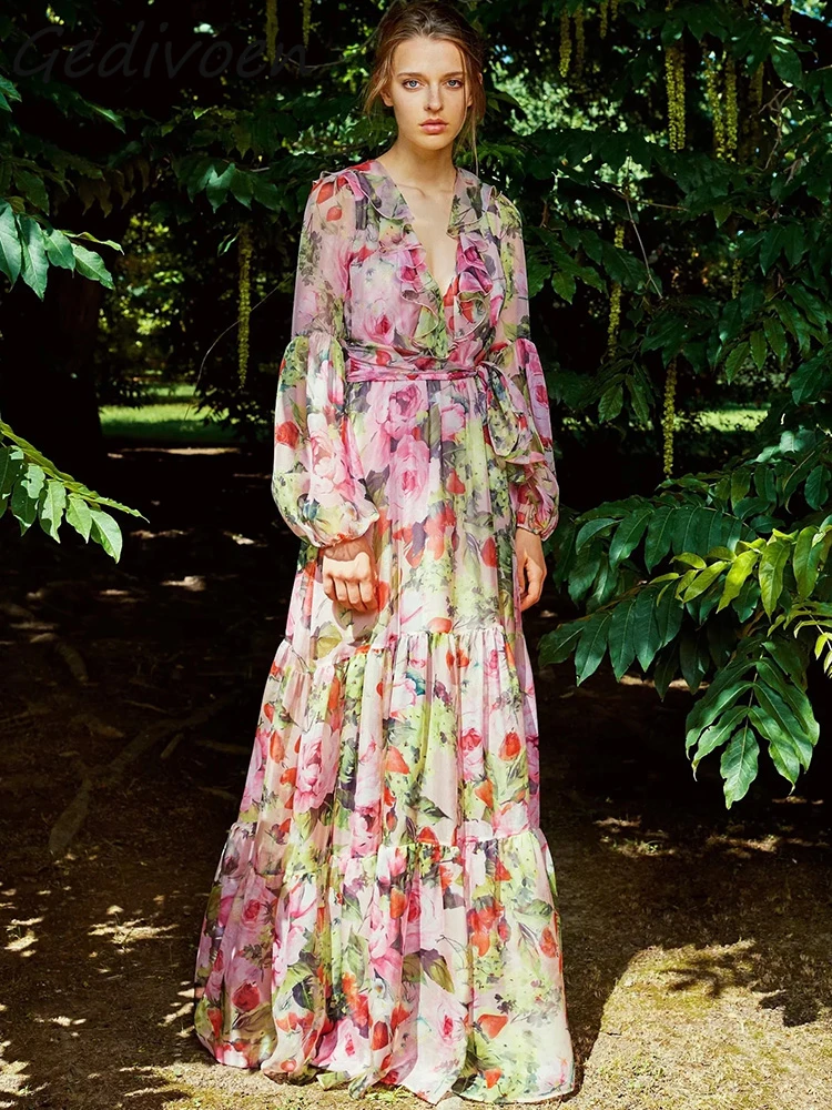 Gedivoen Summer Fashion Designer Vintage Floral Print Dress Women's Deep V Neck Frenulum Gathered Waist Ruffles Hem Long Dress
Gedivoen Summer Fashion Designer Vintage Floral Print Dress Women's Deep V Neck Frenulum Gathered Waist Ruffles Hem Long Dress
