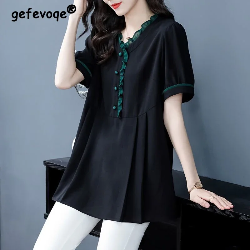 Summer New Oversized Ruffles Spliced Casual Shirt Lady Short Sleeve V-neck Loose All-match Pullover Tops Women's Elegant Blouse
Summer New Oversized Ruffles Spliced Casual Shirt Lady Short Sleeve V-neck Loose All-match Pullover Tops Women's Elegant Blouse