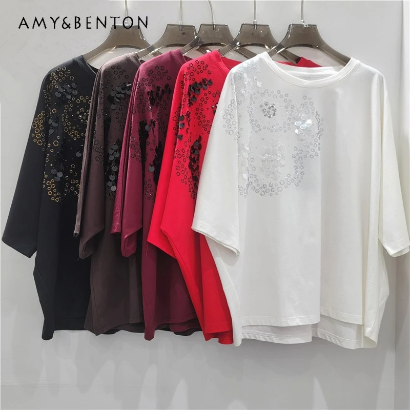 Sequin Embroidered Crew Neck Short Sleeved T-shirt Women's 2026 New Fashionable Youthful Loose Fit Belly Covering Versatile Tees
Sequin Embroidered Crew Neck Short Sleeved T-shirt Women's 2026 New Fashionable Youthful Loose Fit Belly Covering Versatile Tees