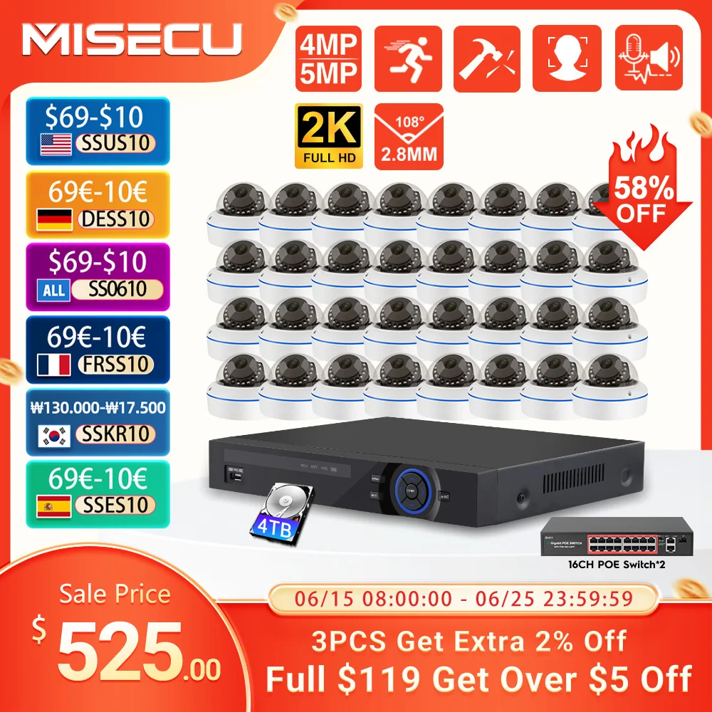 MISECU 32CH 5MP POE Security Camera System Face Detection Night Vision Dome Indoor Vandalproof CCTV Video Surveillance Kits
MISECU 32CH 5MP POE Security Camera System Face Detection Night Vision Dome Indoor Vandalproof CCTV Video Surveillance Kits
