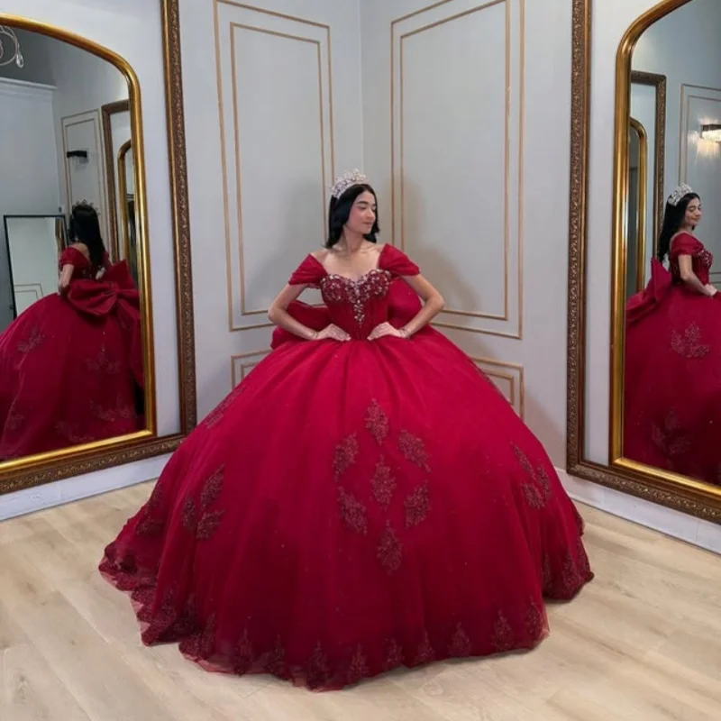Customized Shiny Red Quinceanera Dresses Off the Shoulder sequin applique Lace Long tail Big Bow Vestido 15 Quinceanera
Customized Shiny Red Quinceanera Dresses Off the Shoulder sequin applique Lace Long tail Big Bow Vestido 15 Quinceanera