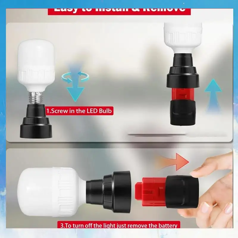 Retail LED Work Light For 12V Li- Battery E27 Light Bulb Socket Adapter Spiral Emergency Light Adapter
Retail LED Work Light For 12V Li- Battery E27 Light Bulb Socket Adapter Spiral Emergency Light Adapter