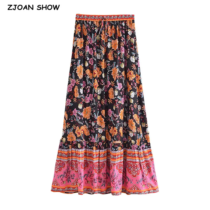 BOHO Black With Pink Orange Big Flower Long Skirt Contrast Color Ruffle Hem Women Bow Elastic Waist Swing Skirt Holiday
BOHO Black With Pink Orange Big Flower Long Skirt Contrast Color Ruffle Hem Women Bow Elastic Waist Swing Skirt Holiday