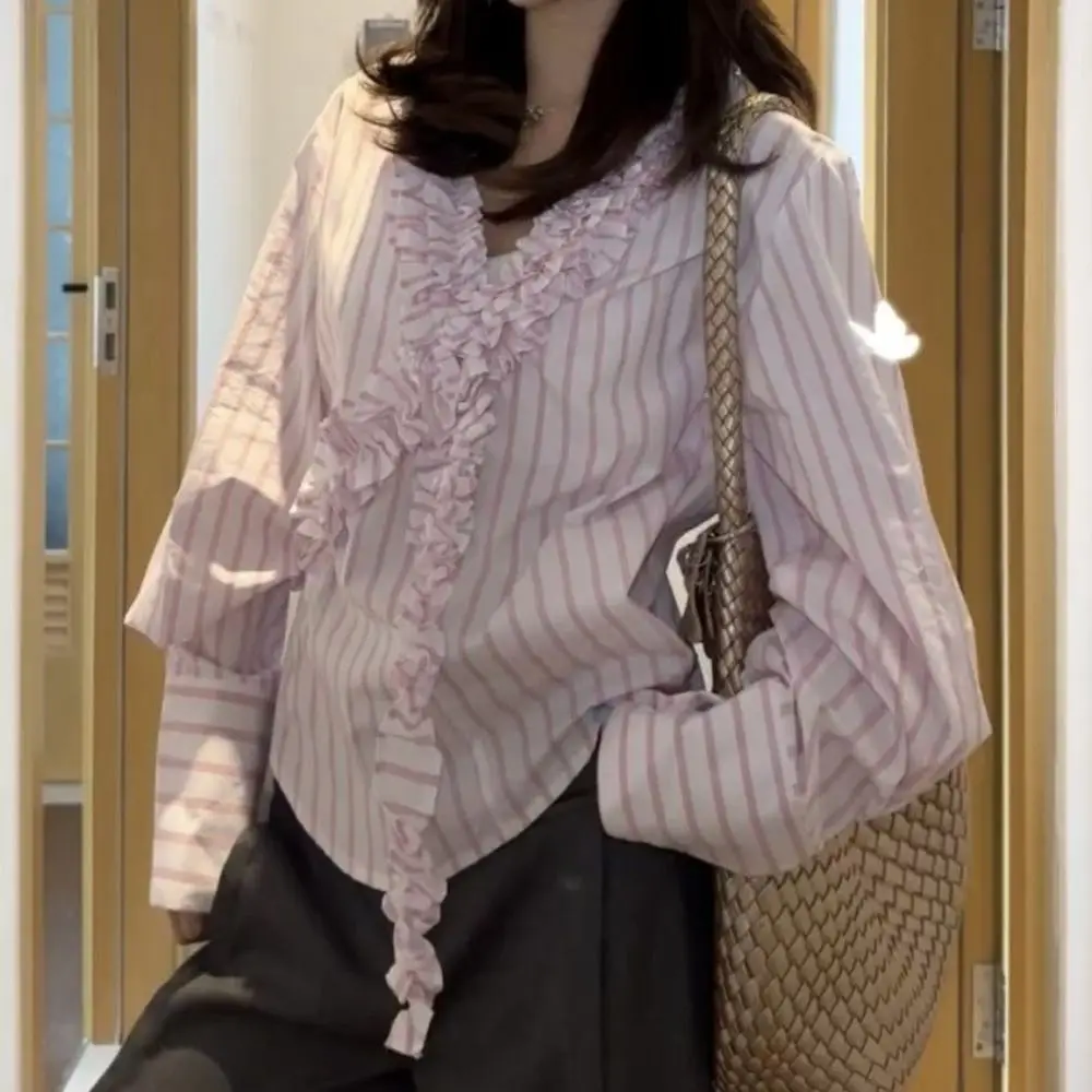 Comfortable Sweet Pink Stripe Blouse Tassel Ruffle Long Sleeve Shirts Curved Hem Loose Women Shirt Top Beach
Comfortable Sweet Pink Stripe Blouse Tassel Ruffle Long Sleeve Shirts Curved Hem Loose Women Shirt Top Beach