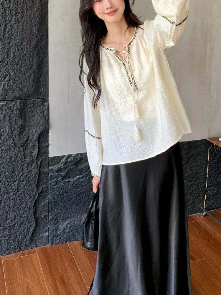 Color Blo Trim irt Women's Ethnic Sle Tie Ne Loose Slimming Ele Sweet Versatile Cotton Linen Blend Long Sve Top
Color Blo Trim irt Women's Ethnic Sle Tie Ne Loose Slimming Ele Sweet Versatile Cotton Linen Blend Long Sve Top