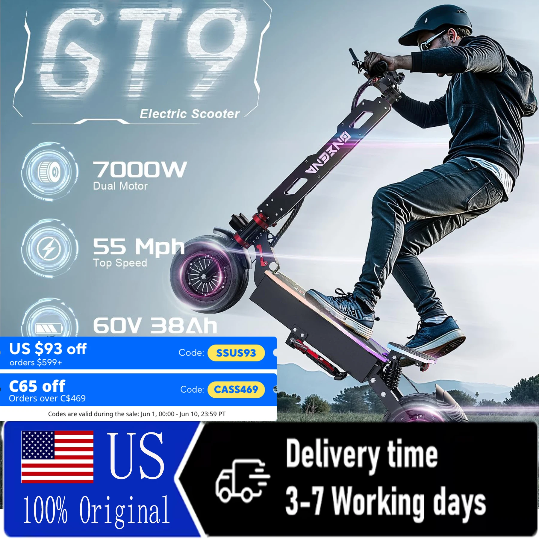 GT9 7000W high-performance adult electric scooter with dual motor drive, angel eye headlights, UL certified off-road scooter, electric bicycle, 55 mph top speed, 60V large battery, 70 mile range, 12 inch vacuum tire
GT9 7000W high-performance adult electric scooter with dual motor drive, angel eye headlights, UL certified off-road scooter, electric bicycle, 55 mph top speed, 60V large battery, 70 mile range, 12 inch vacuum tire