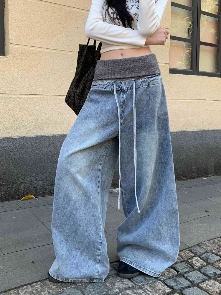 Женские джинсы Y2K 2026: модные, с эффектом потертости, синие, с лоскутным дизайном, на резинке, свободные, широкие штанины, джинсовая ткань
Женские джинсы Y2K 2026: модные, с эффектом потертости, синие, с лоскутным дизайном, на резинке, свободные, широкие штанины, джинсовая ткань