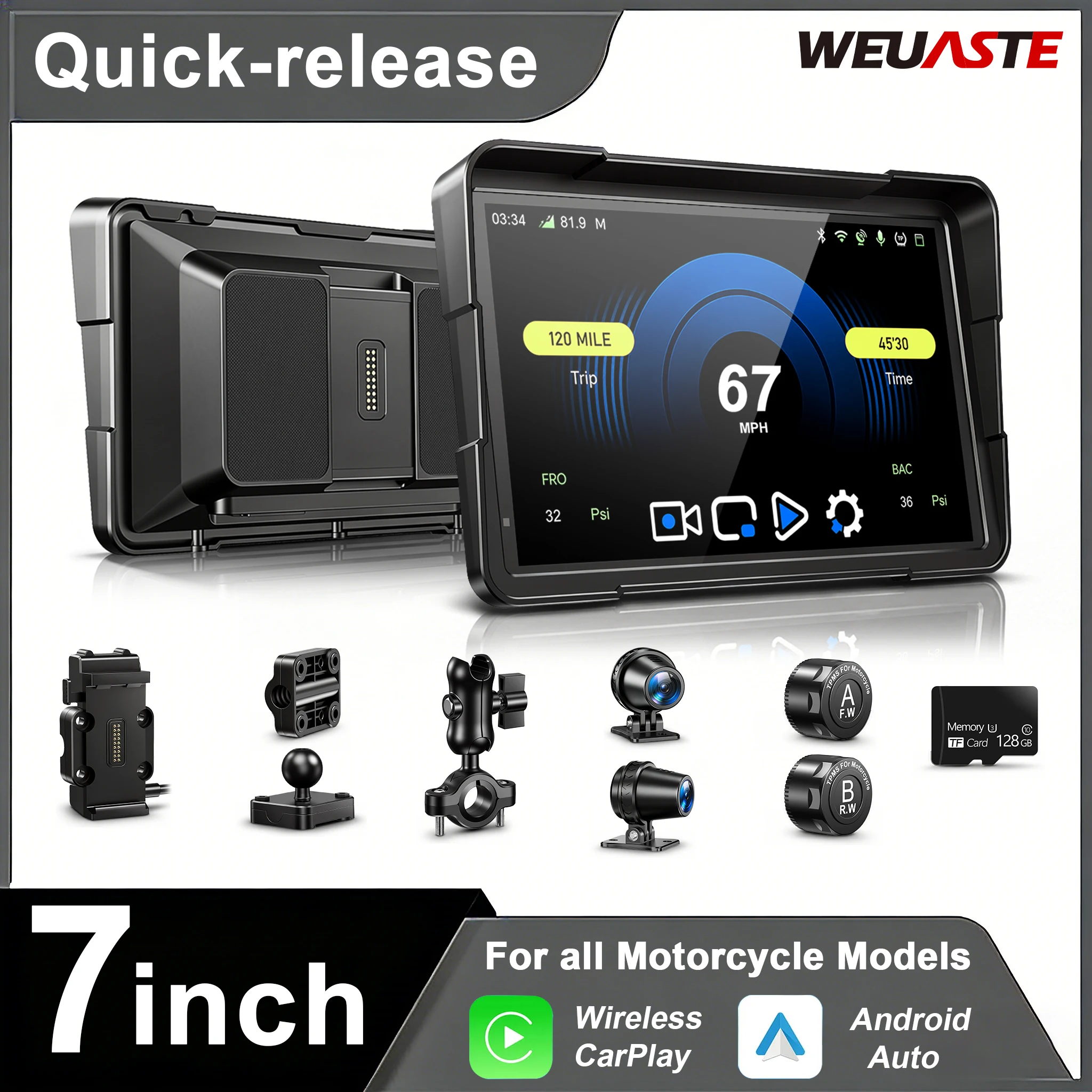 WEUASTE Quick-release Motorcycle CarPlay With TPMS Dual Cameras GPS Navigation Compatible For All Models
WEUASTE Quick-release Motorcycle CarPlay With TPMS Dual Cameras GPS Navigation Compatible For All Models
