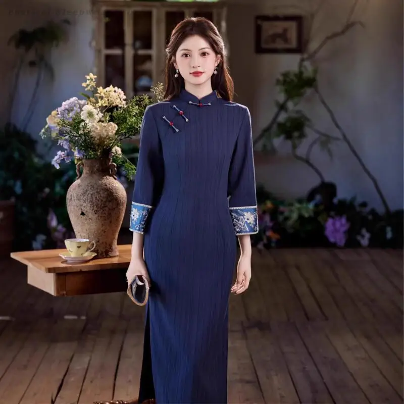 Chinese Qipao Dress Vintage Navy Blue Stripe Cheongsam Sexy Improved Chinese Dresses Female Vestidos Evening Party Qipaos Gown
Chinese Qipao Dress Vintage Navy Blue Stripe Cheongsam Sexy Improved Chinese Dresses Female Vestidos Evening Party Qipaos Gown